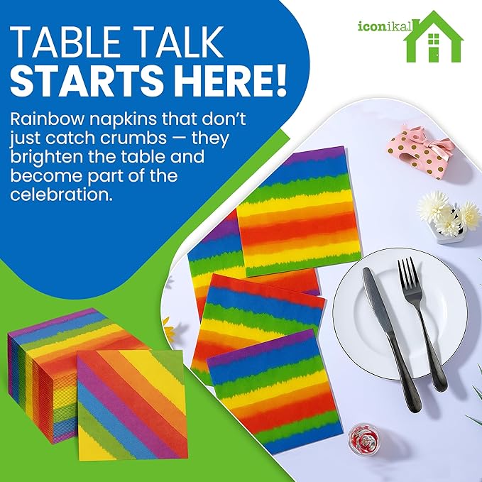 Iconikal 75-Count Disposable Party Napkins, 6.5x6.5-Inch, Rainbow Watercolor, 2-Ply