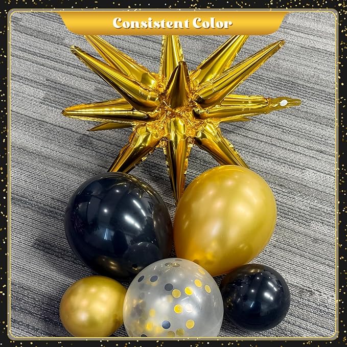 Black and Gold Balloon Garland Arch Kit, 140Pcs Black Gold Confetti Balloons with Stars for Birthday Graduation New Year Retirement Anniversary Wedding Engagement Party Decorations
