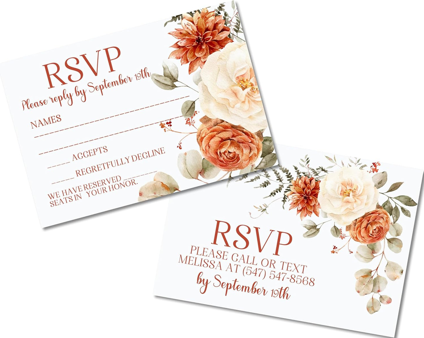Rustic Orange Fall Wedding Invitations, Burnt Orange & Terracotta Floral, Personalized, Set of 12 Invitations with Envelopes