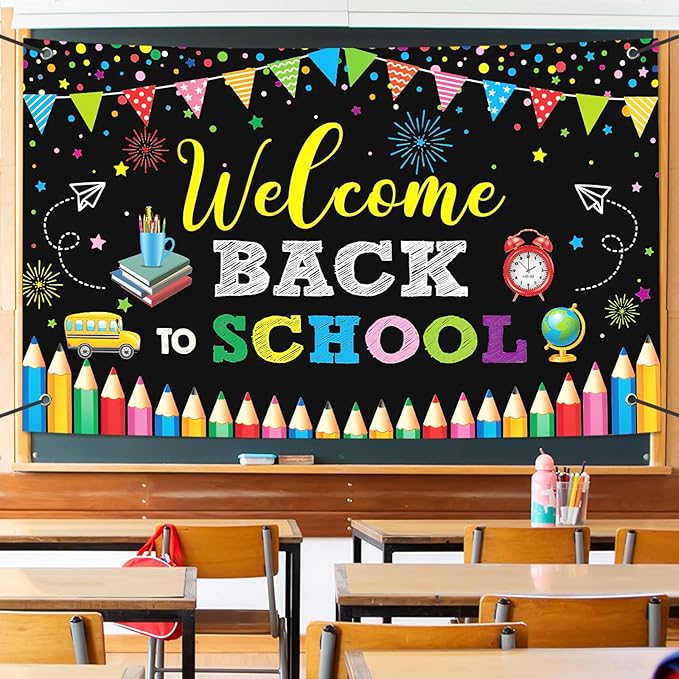 Large Welcome Back To School Banner Decorations 72x44 Inch, First Day of School Backdrop Banner Flag Photography Background for Kids Class Student Congratulations School Decorations Prom Supplies