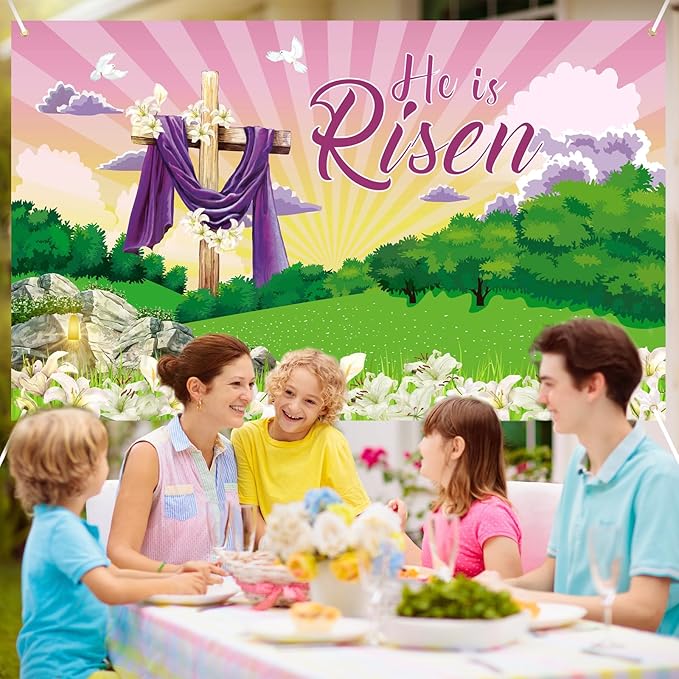 Large He is Risen Easter Banner Decorations Flag Outdoor 72x44 Inch, Cross Sign Christian Jesus Lily Flowers Banner for Indoor Home House Decor Party Supplies, Spring Yard Sign Background for Photography