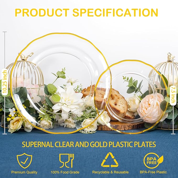 supernal 60Pcs Clear and Gold Plastic Plates,Clear Disposable Plate With Gold Rim,Heavy Duty Plastic Plates Set Perfect for Valentine's Day,Mother's Day,Easter,Wedding,Party