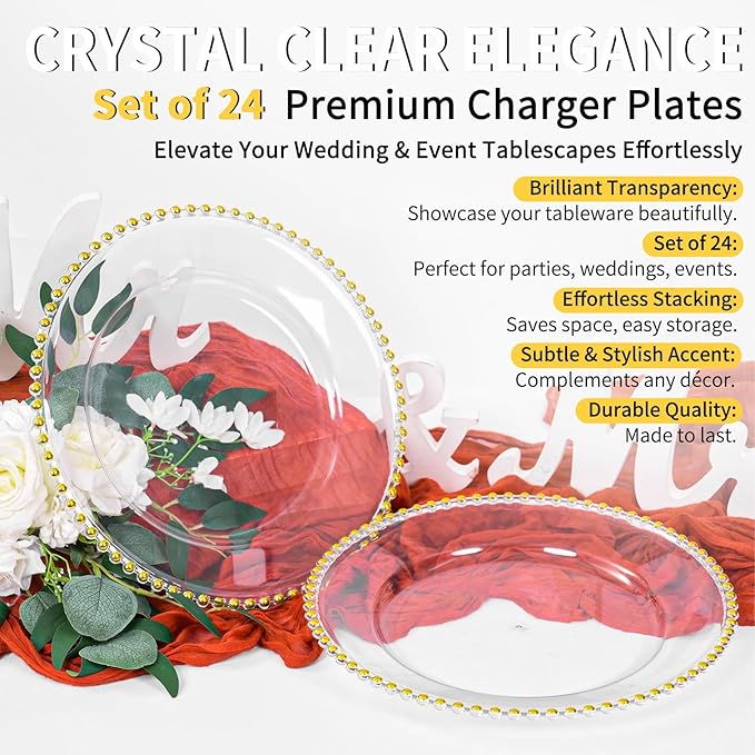 24 Pack Clear Charger Plates Bulk Wedding, 13 Inch Plastic Round Dinner Chargers with Gold Beaded Rim, Acrylic Round Decorative Plates for Wedding Party Home and Tabletop Decor (Gold)