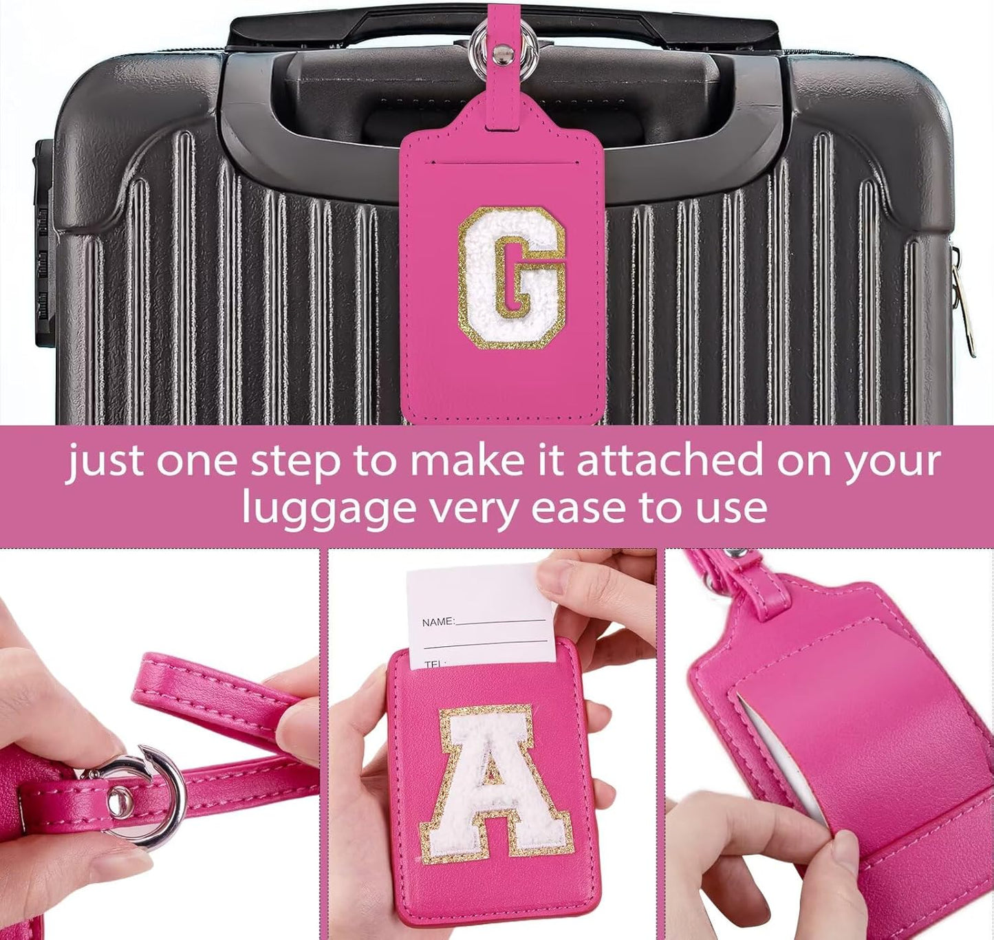 Personalized Initial Luggage Tags for Suitcases, Leather Chenille Letter Cute Luggage Tags with Privacy Name Card, Embroidered Travel Bag Backpack Tags Gifts for Women Kids Girls Teens(Rosered-G)