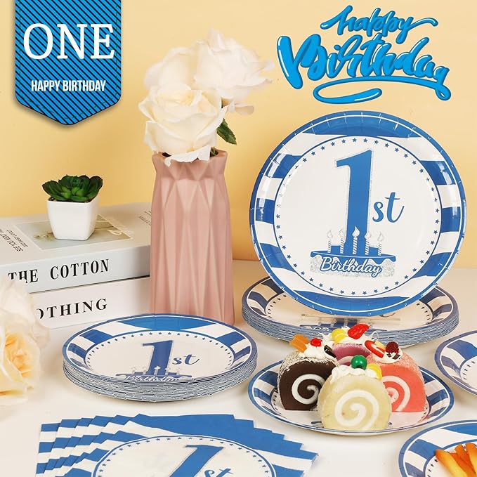 96Pcs Baby First Birthday Party Supplies Boy 1st Birthday Paper Plates Napkins Nautical Blue One Party Decorations Baby Show One Year Old Dinnerware Favor Tableware Serves 24