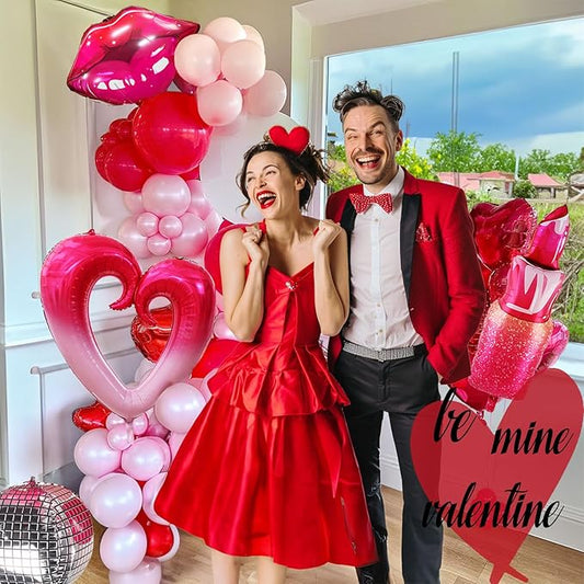 Hot Pink Balloon Garland Arch Kit 137 Pcs Pastel Pink White with Shape Lips Star Heart 4d Disco foil Balloons for Girls Birthday Engagement Galentines Valentine's Day Decorations