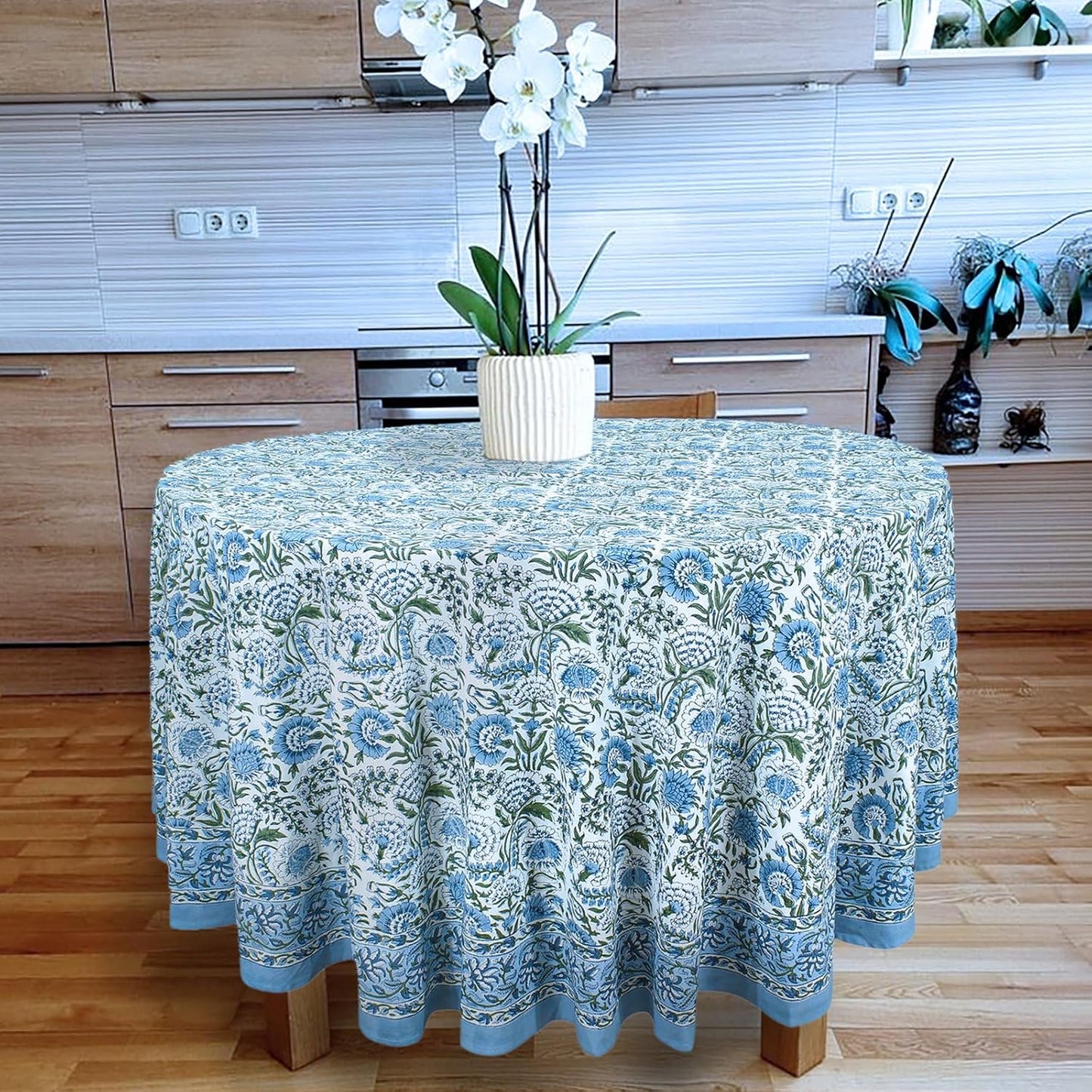72 Inches Round Hand Block Printed Cotton Tablecloth, Blue Green Floral Table Cloths Washable, Indian Table Linen for Dinning Home Decor Autumn Outdoor Thanksgiving