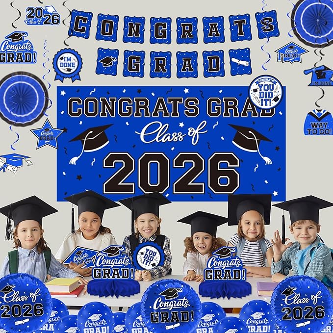 Graduation Decorations 2026 Set - Congrats Grad Banner, Class of 2026 Backdrop, Balloons & Streamers Kit - Complete Party Supplies for High School & College Celebrations