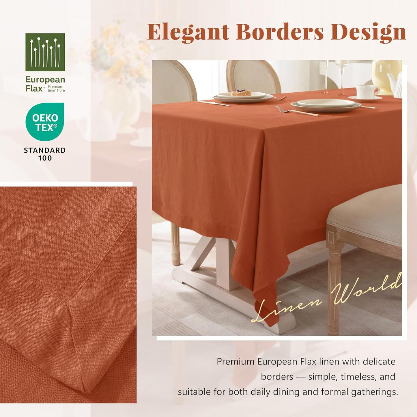 Linen World Fall Linen Tablecloth 120" x 60" Inch,French Linen Washable Rectangular Table Cloth for Dining,Outdoor,Weddings and Restaurants,Decorative Thanksgiving Christmas,Burnt Orange