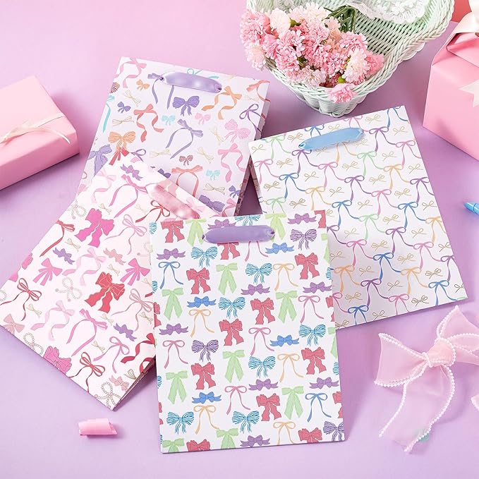 Loveinside Medium Size Gift Bags, Colorful Bow Pattern Gift Bag with Tissue Paper for Shopping, Parties, Wedding, Baby Shower, Craft-4 Pack, 7" X 4" X 9"