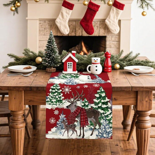 Artscope Reindeer Snowman Christmas Tree Table Runner, Xmas Winter Snowflakes Holiday Kitchen Dining Table Decoration for Christmas Home Party Decor 13x48 Inch-Red