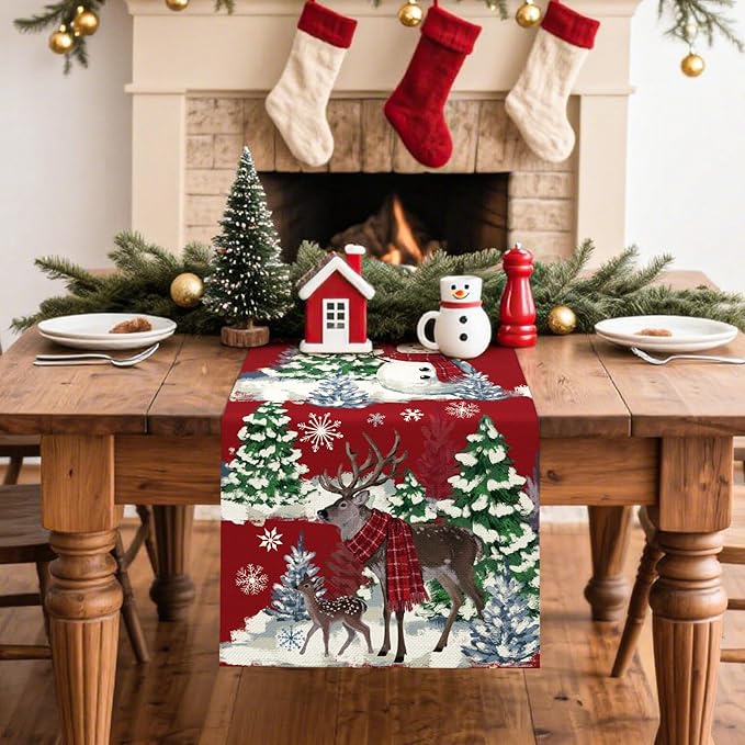Artscope Reindeer Snowman Christmas Tree Table Runner, Xmas Winter Snowflakes Holiday Kitchen Dining Table Decoration for Christmas Home Party Decor 13x90 Inch-Red