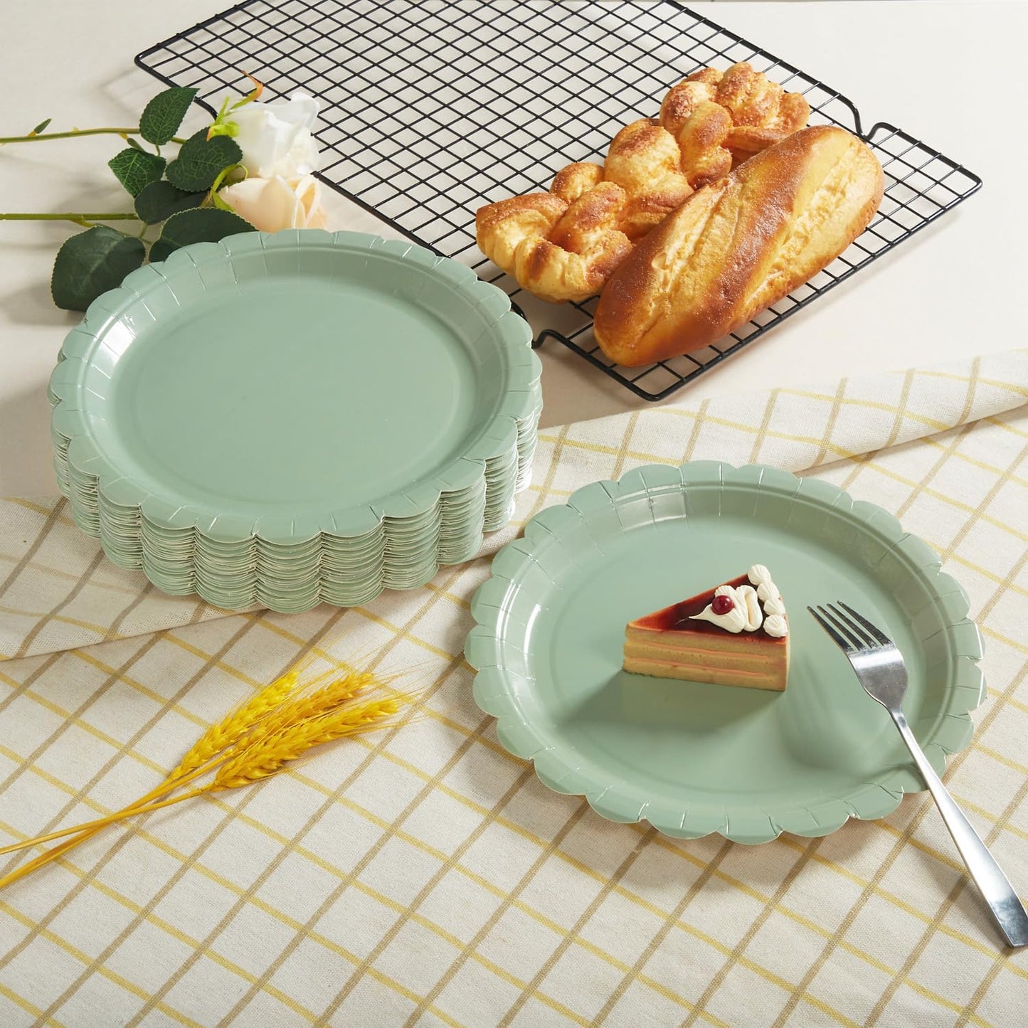 BEFORYOU 50PCS Scalloped Disposable Paper Plates Dessert Cake Party Plates for Baby Shower, Wedding,Bridal Shower Birthday Party Supplies (Sage-Green, 7IN)
