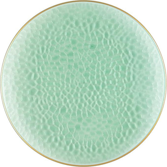 [Green Hammered With Gold Rim 4 Pack] 13'' Charger Plates Green Hammered With Gold Rim Plastic Heavy Duty Disposable Dinner Chargers Serveware Dishes Platters Tableware for parties, Weddings