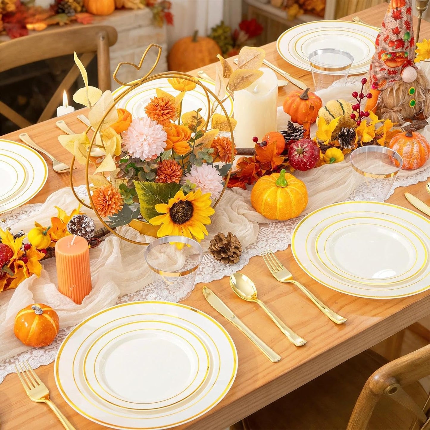 WELLIFE 210PCS Ivory Plastic Plates for 30 Guests - Include 30 Dinner Plates, 30 Dessert Plates, 30 Clear Cups and 30 Pre Rolled Napkins with Gold Silverware,Disposable Plates for Party and Wedding