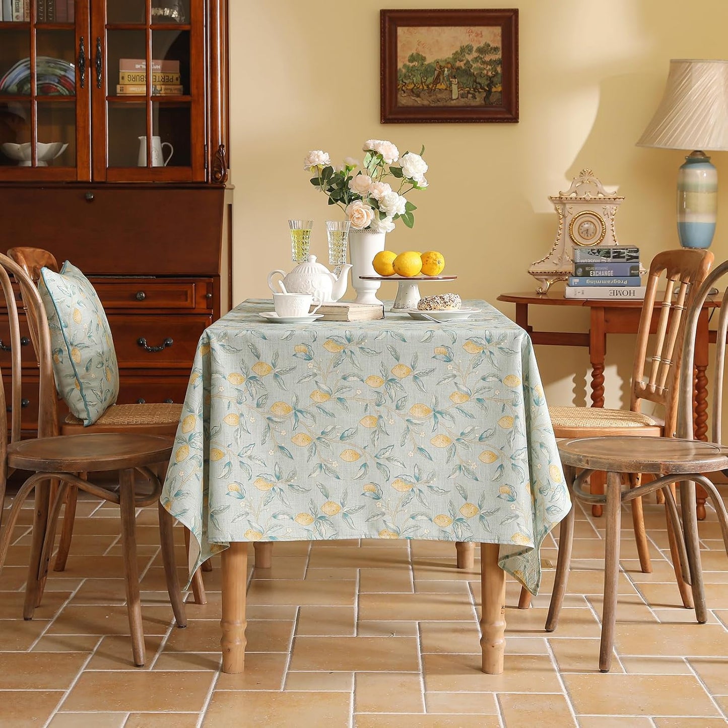 patdrea Designer Linen Green Tablecloth for Rectangle Table,Vintage Breathable Yellow Fruits Pattern Extra Long Table Cloth,Decor Cover for Kitchen Dining,Christmas,Thanksgiving,67"x118"-Ania a