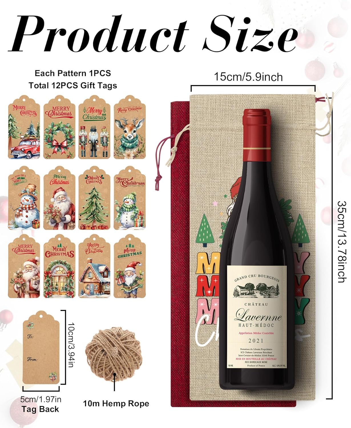 Aoonby 12PCS Burlap Wine Bags Christmas Wines Gift Bag, Drawstring Retro Christmas Bottle Cover Gift Bag w/Tag, Reusable Wines Bags for Bottles Gifts Wine Bottle Covers for Xmas Holiday Party Decor