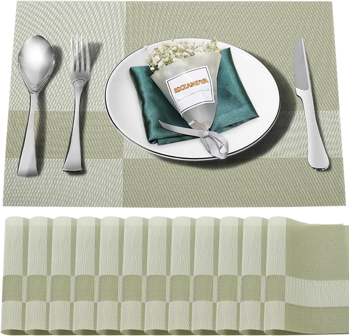 Placemats Set of 12,Washable,Heat and Stain Resistant Indoor/Outdoor Place mats,Vinyl Woven Non Slip Table Mats for Restaurant Table Protection,PVC Placemats(Green, 12PCS)