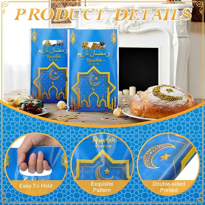 Supervitae 100 Pieces Ramadan Kareem Plastic Gift Bags Bulk Eid Mubarak Treat Candy Goodie Bags with Churches Star and Moon for Muslim Eid Party Favors Supplies