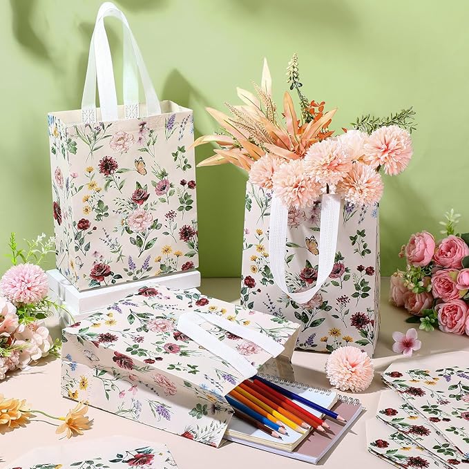 Supervitae 24 Pack Wildflower Theme Gift Bags Medium Floral Party Favor Bags Vintage Reusable Totes Non Woven Goodie Totes for Wedding Birthday Baby Shower Family Holiday Travel(9.8" x 7.9" x 3.9")
