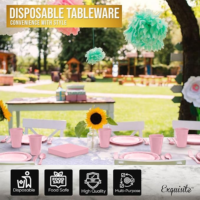 350 Pcs Pink Plastic Plates For Party, Pink Disposable Plates Set, 50 Of Each 9" Dinner Plate Set, 7" Dessert Plate, Cups, Napkins & Cutlery Plastic Dinnerware Exquisite