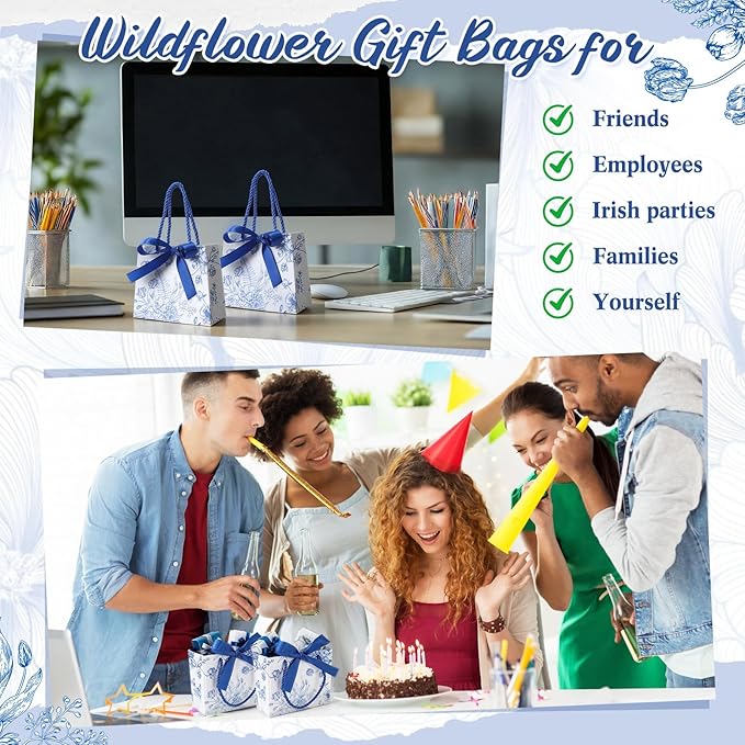 Moinchore 30 Pcs Blue and White Floral Paper Gift Bags with Ribbon Handles, 5.5 x 4.7 x 2.5 in Medium Decorative Favor Bags for Baby Shower, Bridal Party, Wedding, Birthday, Candy, Snacks and Presents
