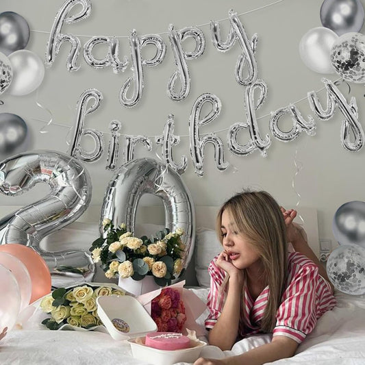 Silver Happy Birthday Banner, 25 pcs Cursive Silver Foil Letters Balloons Sign with Latex Balloons, Happy Birthday Party Decorations for Women Men Birthday Decor