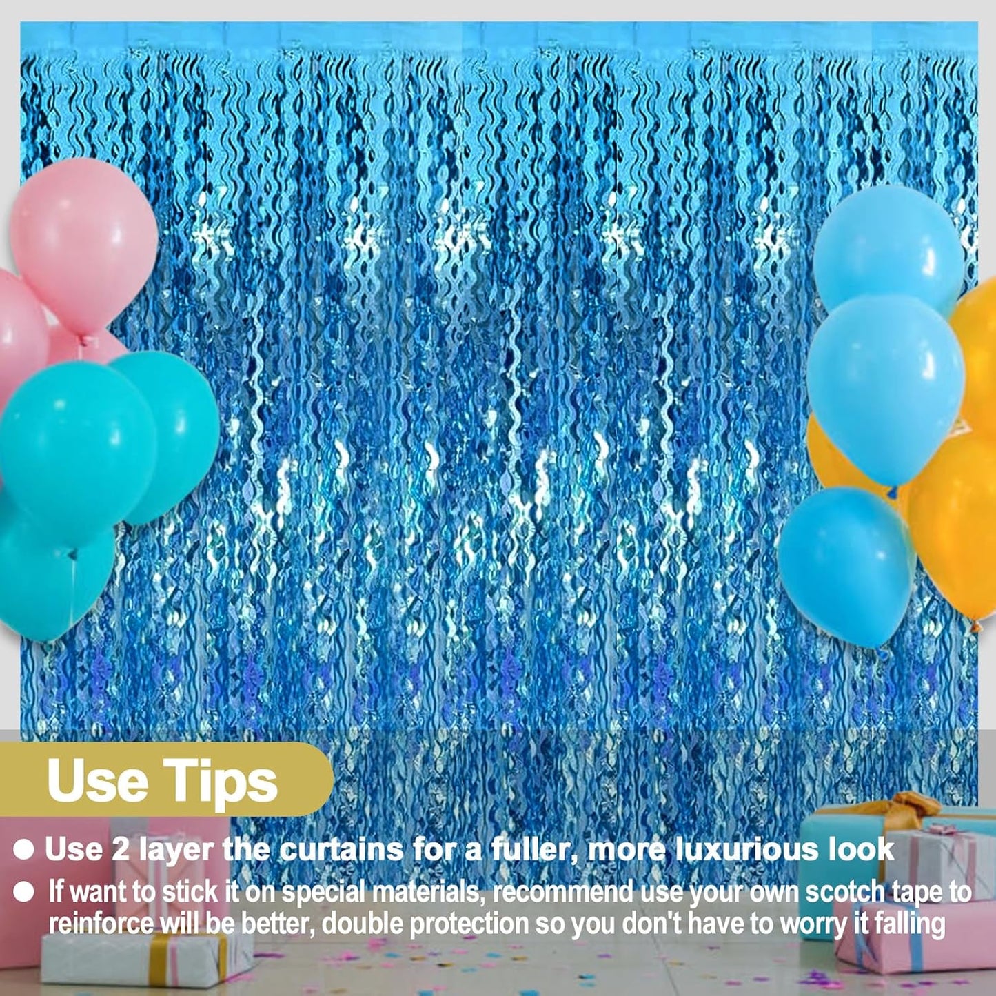 4 Pack Lake Blue Fringe Curtain Backdrop 3.2Ft x 8.2Ft Metallic Tinsel Foil Fringe Streamers Background for Photo Booth Mother's Day, Easter, Carnival, Birthday, Wedding Party Decoration