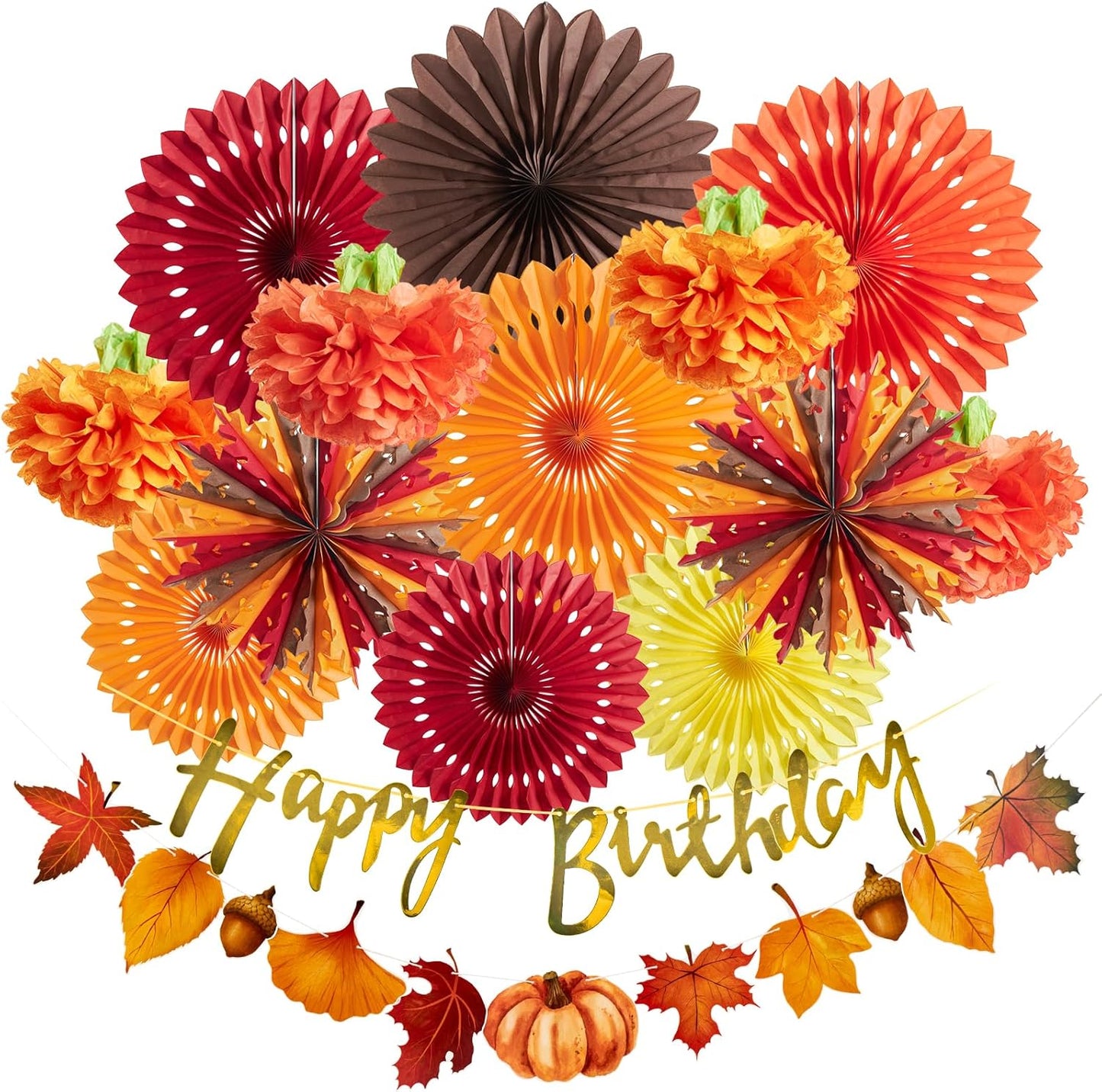 SUNBEAUTY Fall Party Decorations Orange Birthday Decorations Hanging Paper Fan Pumpkins Paper Pom poms Maple Leaves Happy Birthday Banner for Thanksgiving Autumn Harvest Classroom Office Party