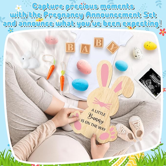 14Pcs Easter Pregnancy Announcement Set - Coming Soon Baby Announcement Props Ideas Include Easter Funny Bunny Shape Wooden Sign Wood Blocks Pregnancy Reveal Ideas for Grandparents Dad Husband Family
