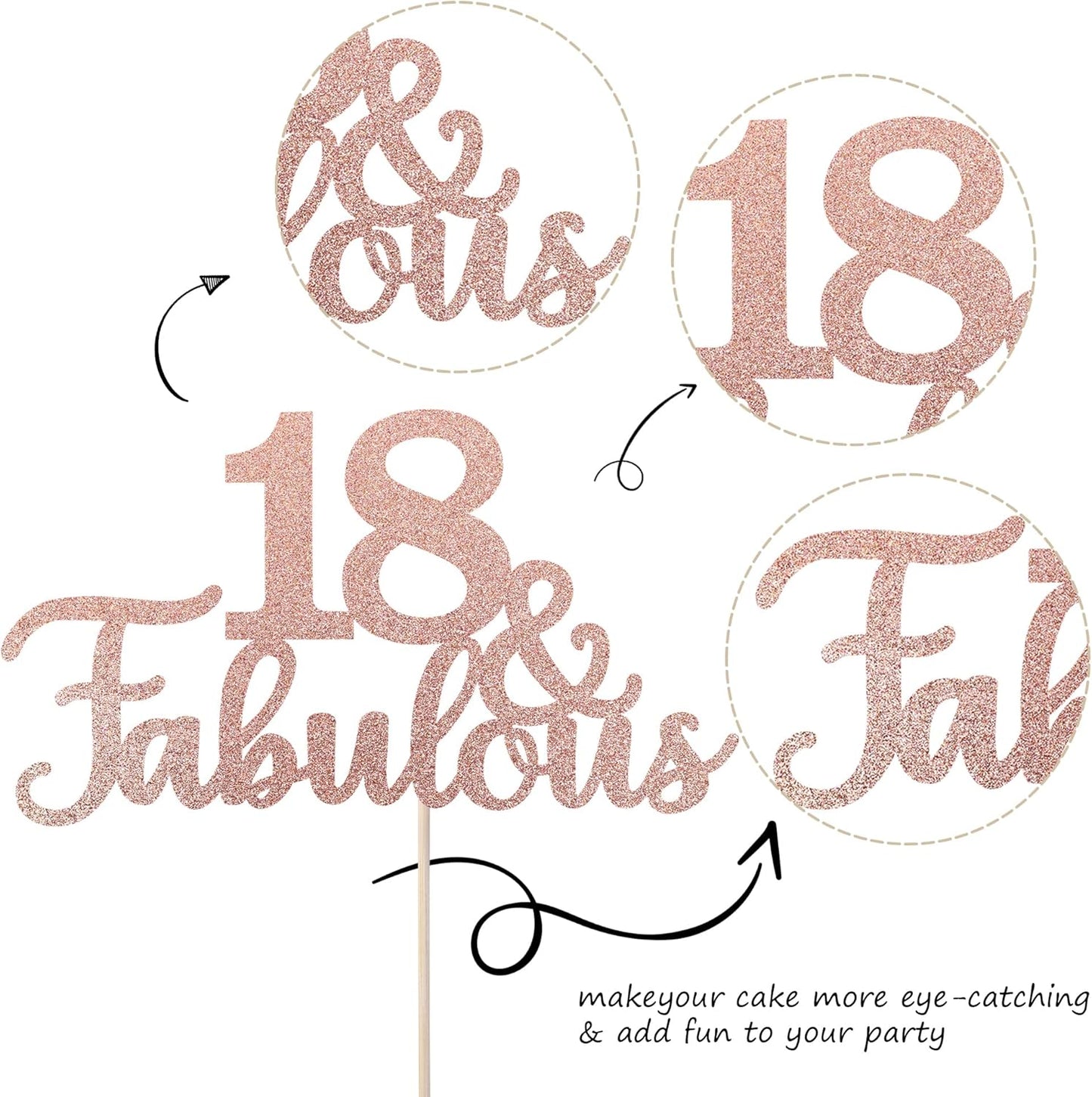 1 PCS 18 & Fabulous Cake Topper Glitter Eighteen and Fabulous Cake Toppers Happy 18th Birthday Cake Pick for 18th Wedding Anniversary Birthday Party Cake Decorations Supplies Rose Gold