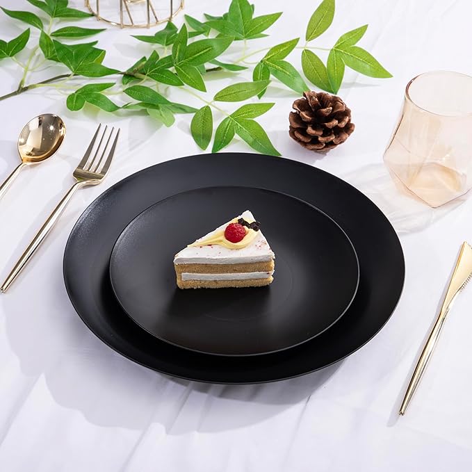EI enjonirinjonir 80pcs Black Plastic Plates Disposable for Dinner,10.25inch Party Plates Disposable Heavy Duty,Elegant Matte Plastic Plate Frosted is Ideal for Wedding/Birthday//Tables Decoration