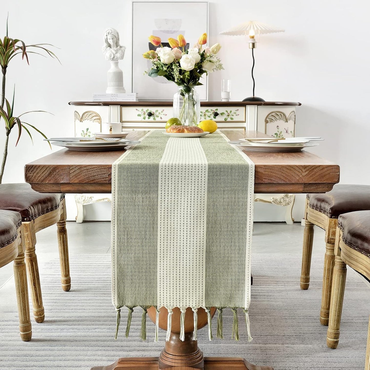 Wracra Linen Table Runner, Farmhouse Macrame Table Runners 36 Inches Long for Dining Table Decor, Wedding, Party and Dresser Decor (Sage Green,36")