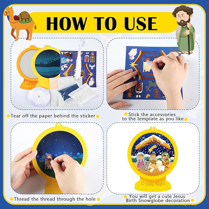Frienda 48 Set Christmas Shaking Nativity Snow Globe Craft Kit Make a Jesus Birth Snowglobe Stickers Ornament Bulk with Glitter Sequins Papers for Xmas Tree Decor Religious Classroom Game Activities