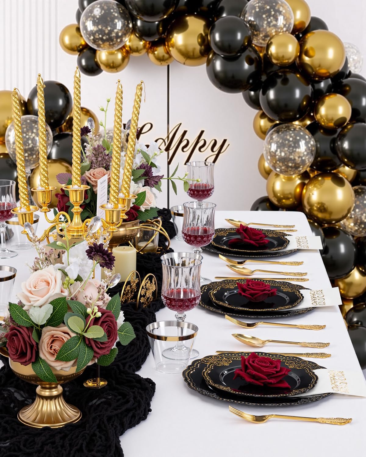 Ciaell 175 PCS Black and Gold Plastic Plates - Black Disposable Dinnerware Set with 50 Plates, 25 Knives, 25 Forks, 25 Spoons, 25 Cups, 25 Napkins for New Year’s Day, Parties and Weddings