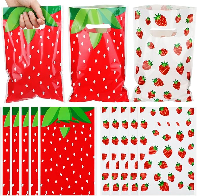 Frienda 100 Pcs Strawberry Party Favors Bags Strawberry Candy Gift Bags with Handles 9.84''x 6.5'' Red Berry Plastic Goodies Treat bag for Baby Shower Summer Berry Theme Parties Decor Supplies