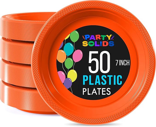 Exquisite Party Solids Orange Plastic Plates For Party Supplies 7" Orange Disposable Plates Heavy Duty 50 Pcs Plastic Dinnerware Sets Heavy Duty 350 GSM Disposable Dinnerware Set