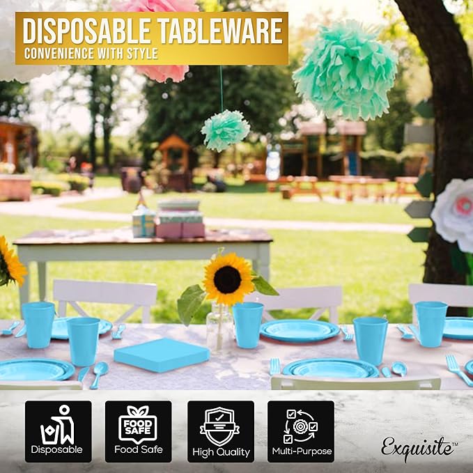 350 Pcs Light Blue Plastic Plates For Party, Light Blue Disposable Plates Set, 50 Of Each 9" Dinner Plate Set, 7" Dessert Plate, Cups, Napkins & Cutlery Plastic Dinnerware Exquisite