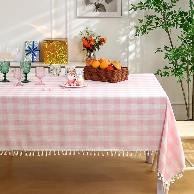Rectangle Table Cloth for Spring, Summer, Valentine's Day, Easter, Christmas Tablecloth-Farmhouse Plaid Cotton Tablecloths (55" x 102",Pink)
