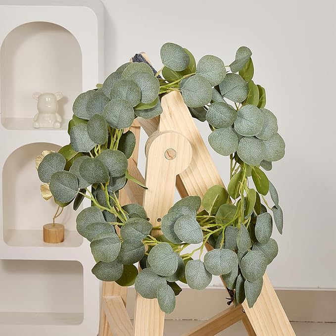 2 Pack Artificial Eucalyptus Garland Faux Silk Leaf Silver Dollar Eucalyptus Leaves Vines Handmade Garland Greenery Wedding Backdrop Indoor Outdoor Arch Wall and Party Home Decoration