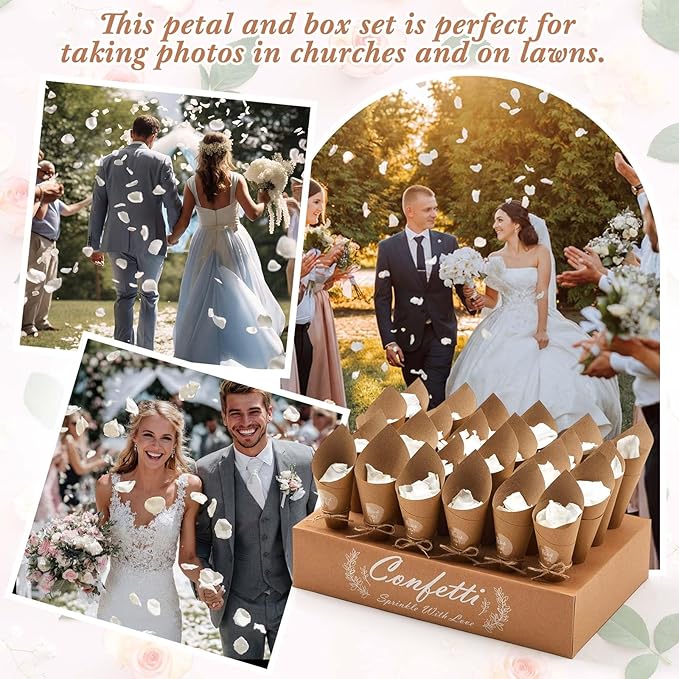 1 Sets Wedding Confetti Cones with 150g (5.29 Oz) Biodegradable Dried Flowers White Petal - 30 Kraft Paper Cones, Tray & Stickers for Wedding, Bridal Shower, Engagement Party, Baby Shower