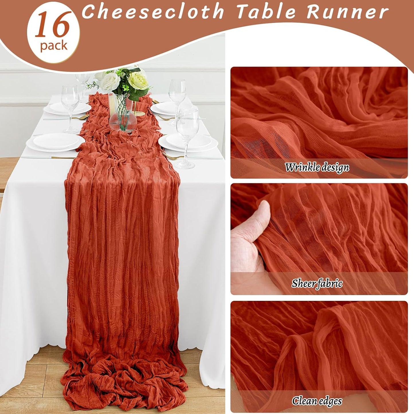 16Pack Terracotta Table Runner 10FT Cheesecloth Table Runner 35x120Inch Long Boho Cheese Cloth Table Runners Rustic Gauze Fall Table Runners for Party Wedding Bridal Shower Baby Shower Decorations