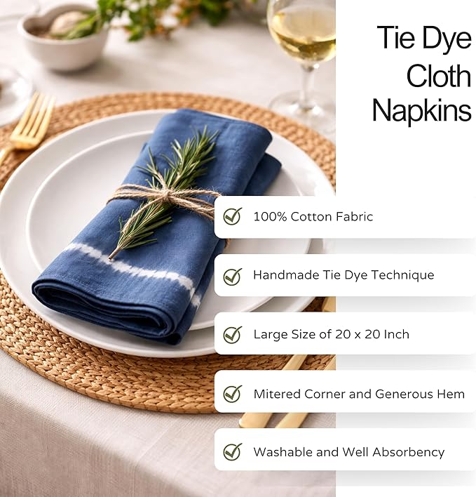FINGERCRAFT Cloth Napkins Set of 6 Cotton Blend Tie Dye 20x20 Inch Large Size Dinner Napkins Cloth Perfect for Parties Dinners Weddings Cocktail Christmas Easter Royal Blue Lines