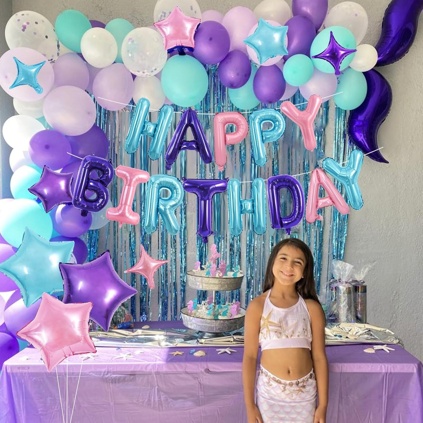 TONIFUL 35PCS Happy Birthday Decorations Kit 16 Inch Happy Birthday Balloon Banner with Star Balloons Mylar Foil Birthday Party Decorations Supplies for Adults Girls Boys Kids （Blue Purple Pink）