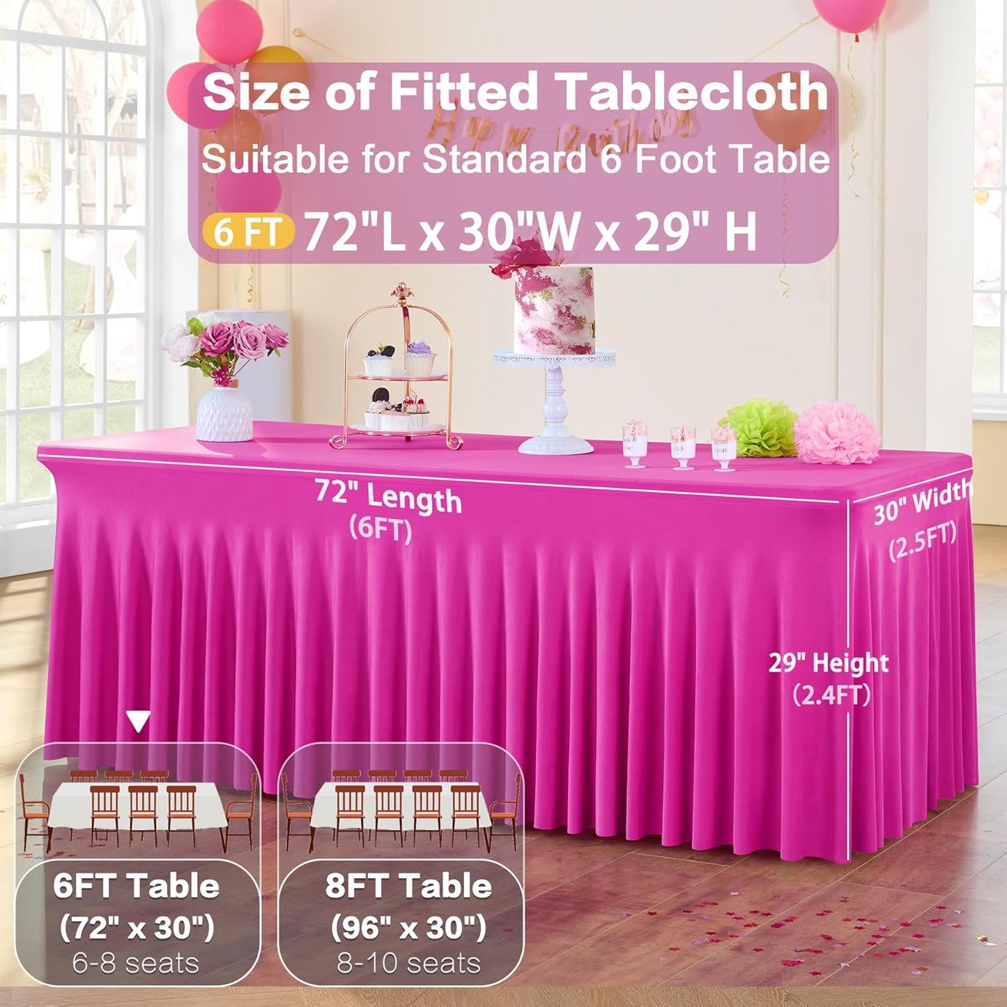 3 Pack Hot Pink Spandex Tablecloth for 6 Foot Rectangle Tables, Wrinkle Free Fitted Table Cloth Cover 6ft Fuchsia Stretchy Tablecloths with Skirt for Parties Weddings Birthday Banquet Baby Shower