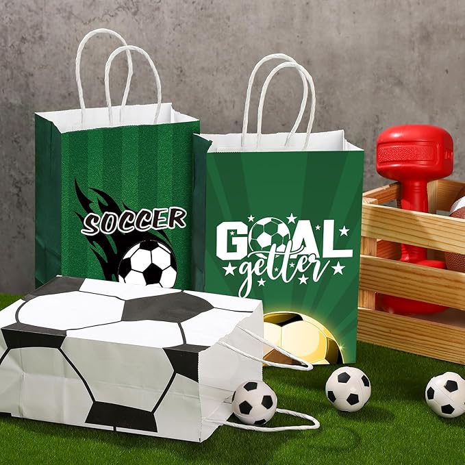 Outus 24 Pcs Soccer Party Favor Bags Soccer Goodie Gift Paper Bags with Handles Sports Ball Candy Treat Pouch for Sports Football Party Birthday Baby Shower Decorations Supplies