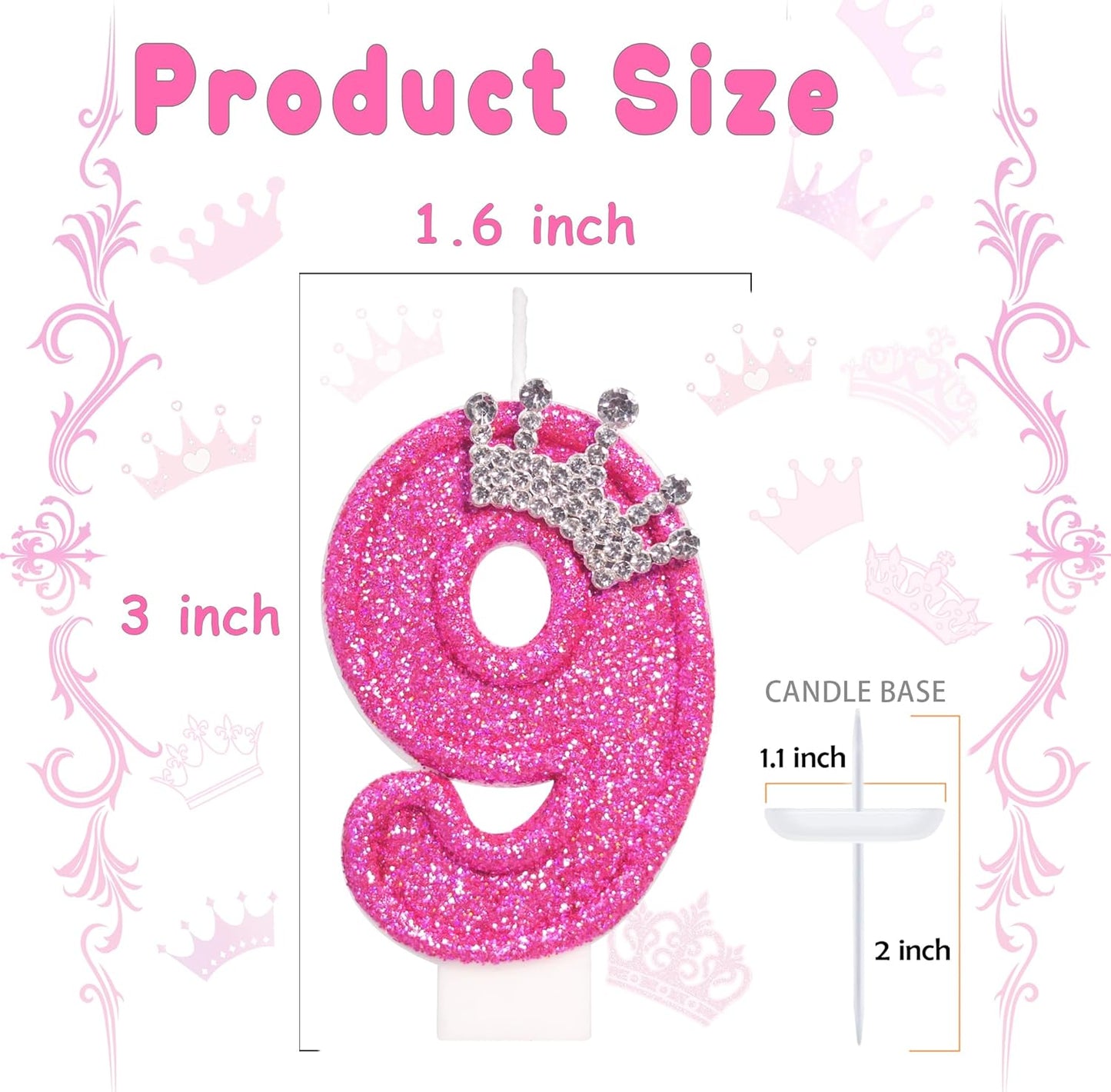 Birthday Candle for Cake, Crown Rose Number Cake Candles, 2.76 inch Number Happy Birthday Candle, Cake Topper Decoration for Birthday Party (Number 9)