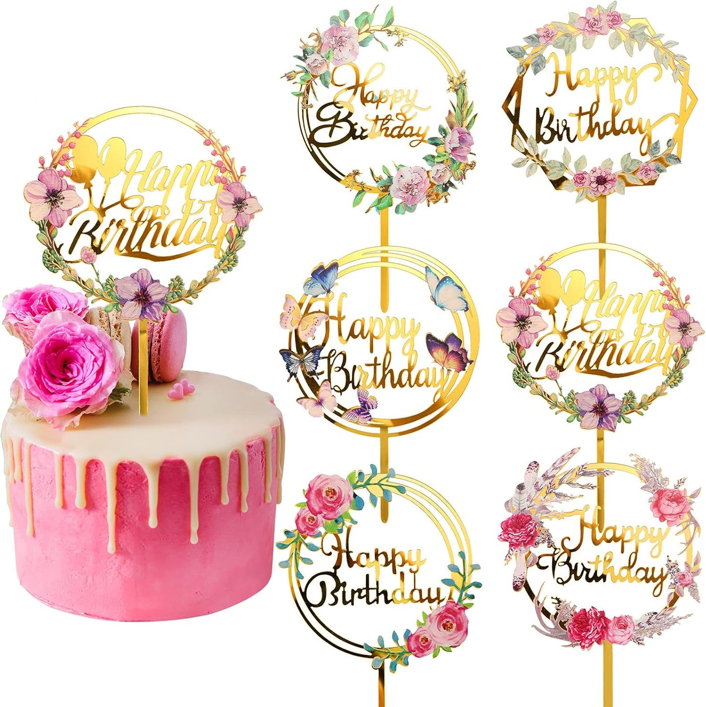 Jetec 6 Pieces Happy Birthday Cake Toppers Gold Flower Acrylic Cupcake Cake Toppers for Various Birthday Party Anniversary Pastries Decorations