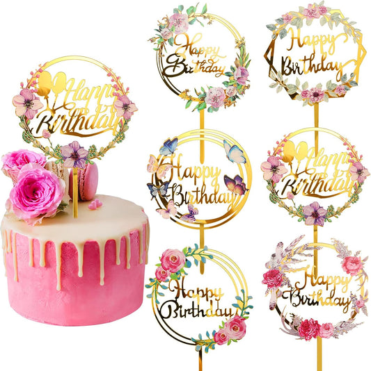 Jetec 6 Pieces Happy Birthday Cake Toppers Gold Flower Acrylic Cupcake Cake Toppers for Various Birthday Party Anniversary Pastries Decorations