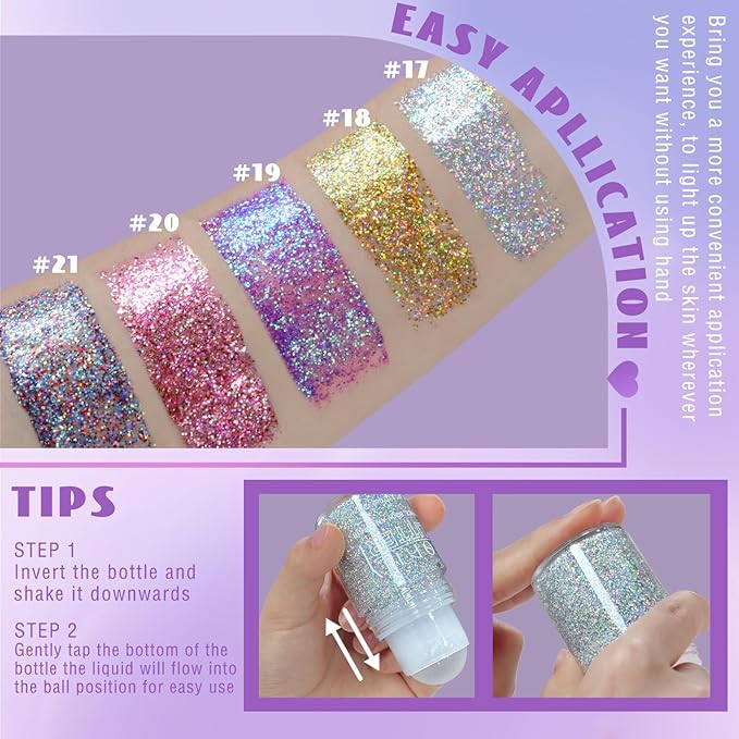 HOSAILY Roll-on Holographic Body Glitter Gel for Face Hair, Chameleon Color Changing Glitter Gel Under Light, Chunky Mermaid Sequins Festival Party Rave Accessories Shimmer Makeup (Silver)